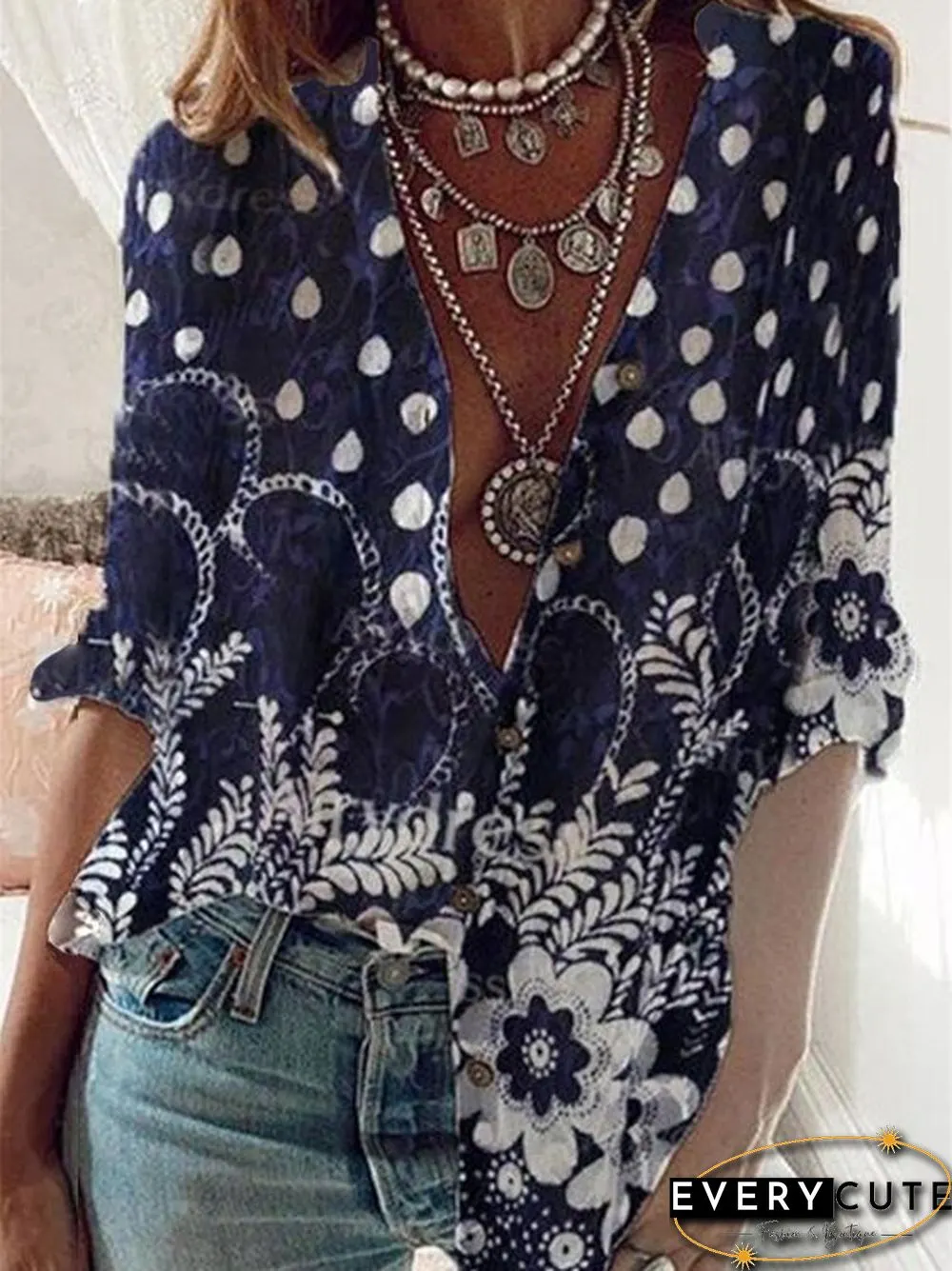 Casual Floral Cotton 3/4 Sleeve Blouse