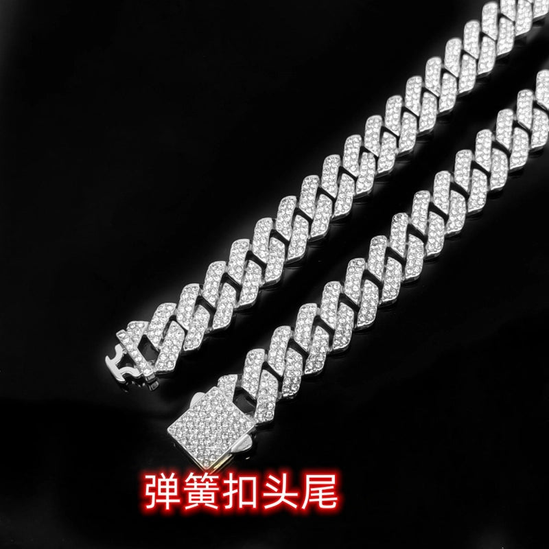 Hip-hop 14mm Full Diamond Men’s Encrypted Diamond Cuban Chain Necklace Hipster Exaggerated Domineering Clavicle Chain Accessories