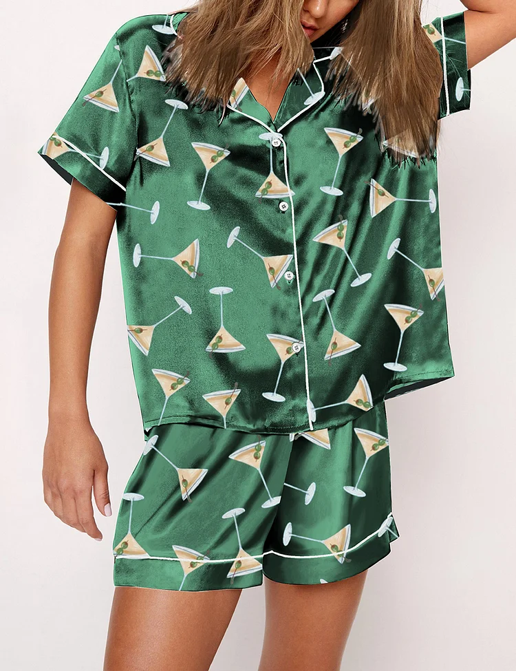 Women’s Martini Cocktail Short Sleeve Satin Pajama Set