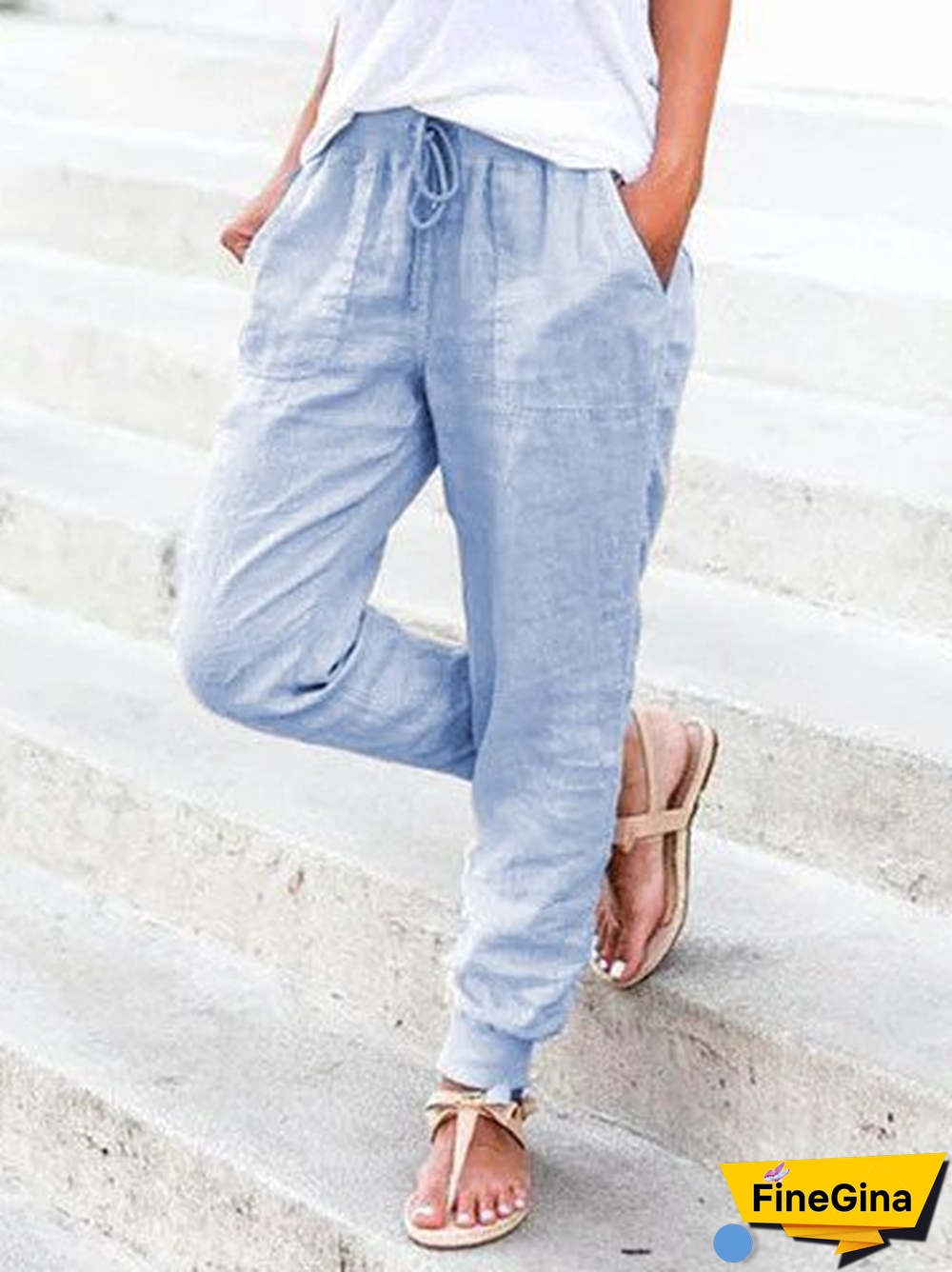 Solid Drawstring Casual Linen Pants Women Trousers