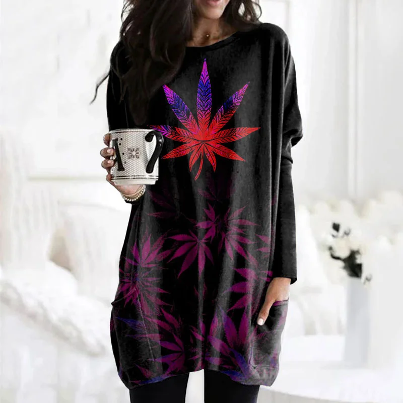 Casual Gradient Leaf Print Long Sleeve Tunic