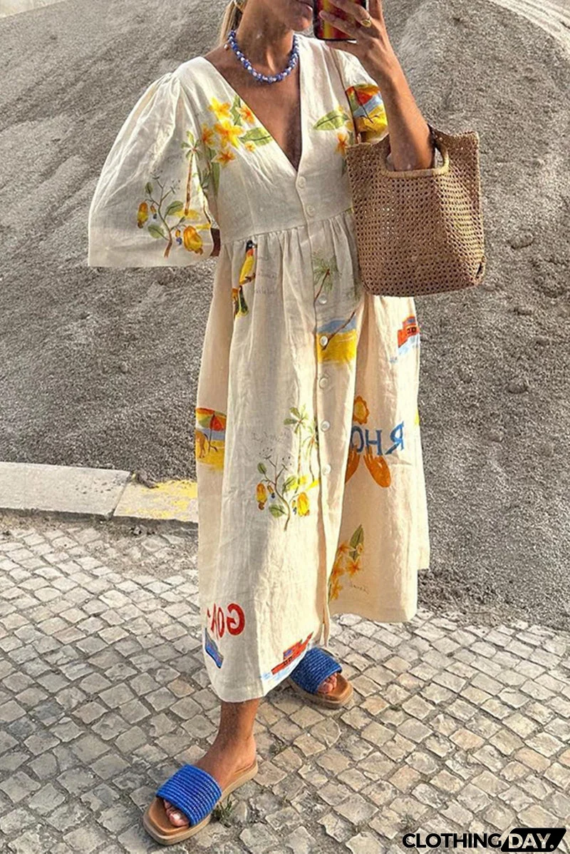 Casual Character Print Buttons V Neck A Line Dresses
