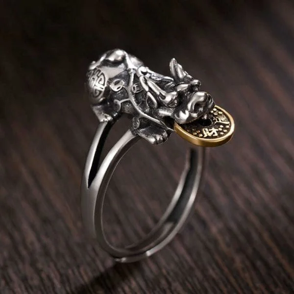 Sterling Silver Pixiu Coin Rotatable Wealth Ring