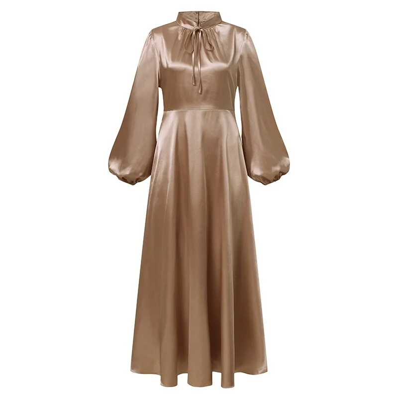 ZANZEA Elegant Spring Long Sleeve Solid Maxi Long Satin Dress Women Sundress Dubai Abaya Hijab Muslim Dress Robe Lace Up Vestido