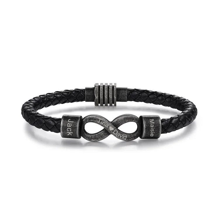 2 Names - Vintage Men's Bracelet Engraved Beads Stainless Steel Bracelet Leather Bracelet Personalized Gift for Him