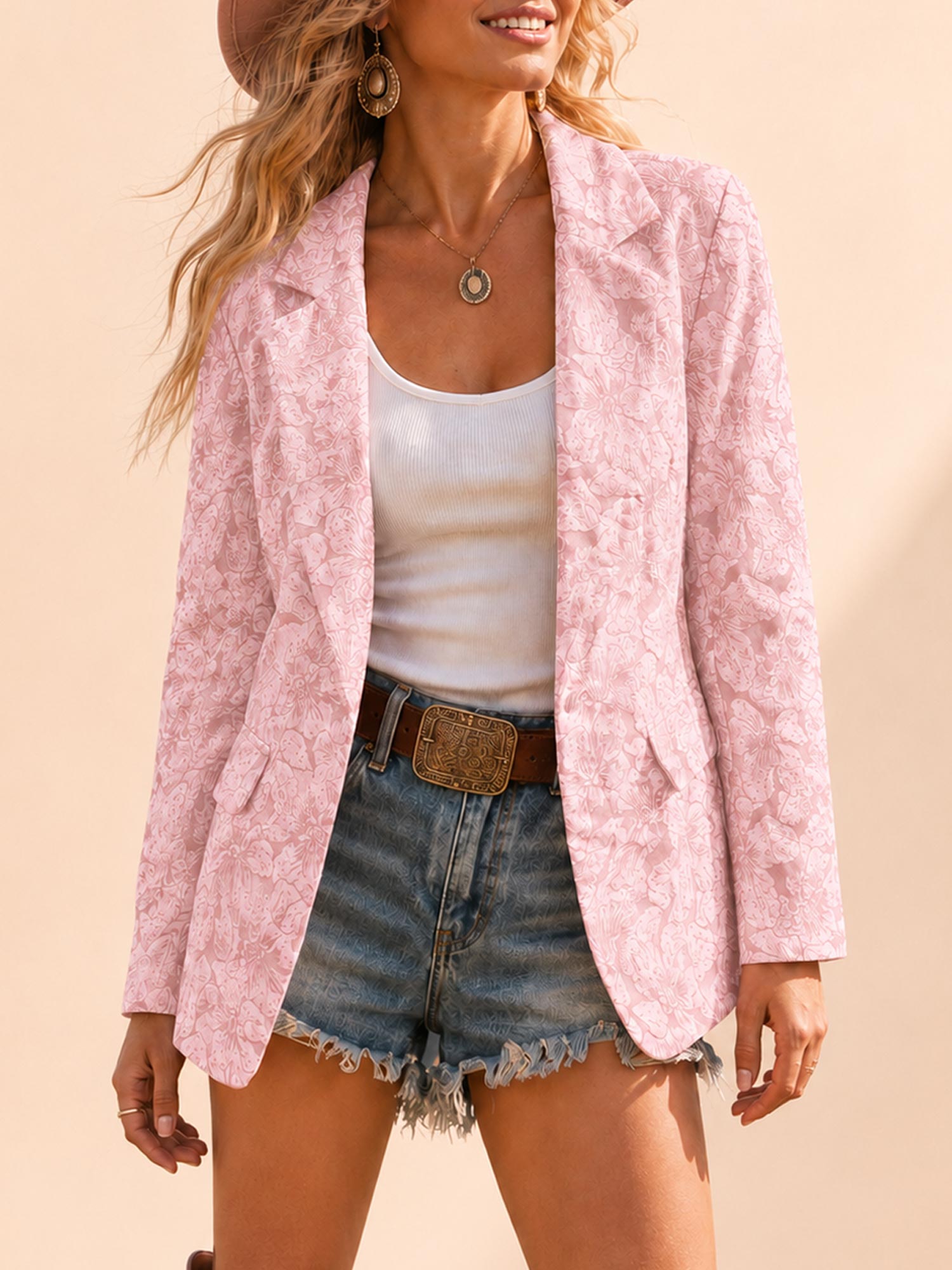 Perfect for Country Music Festivals or Desert Getaways &mdash; 2026 Spring Summer Women Pastel Pink Floral Jacquard Slim-Fit Blazer