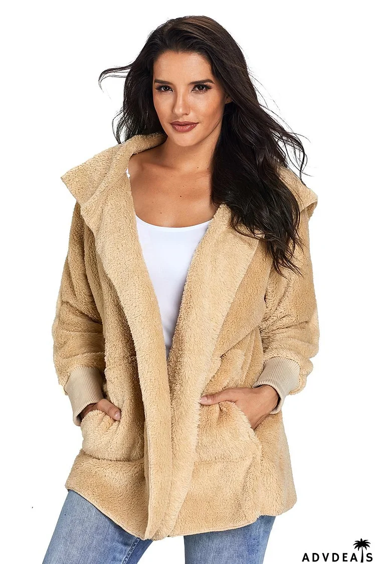 Khaki Hooded Open Front Soft Fleece Coat