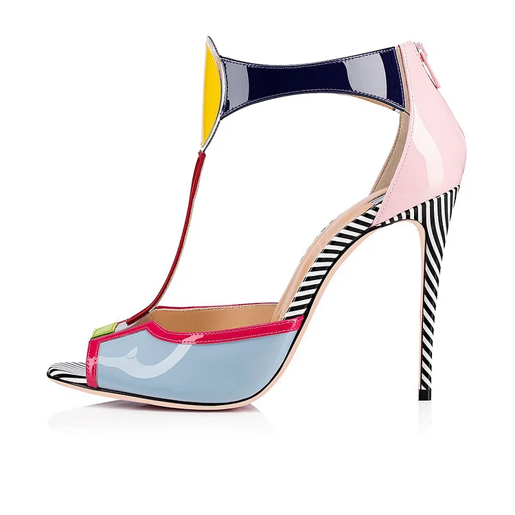 Multicolor T Strap Patent Leather Heels Vdcoo