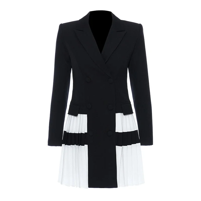 [EAM]  Women Black Contrast Color Pleated Blazer New Lapel Long Sleeve Loose Fit  Jacket Fashion Tide Spring Autumn 2021 1T306
