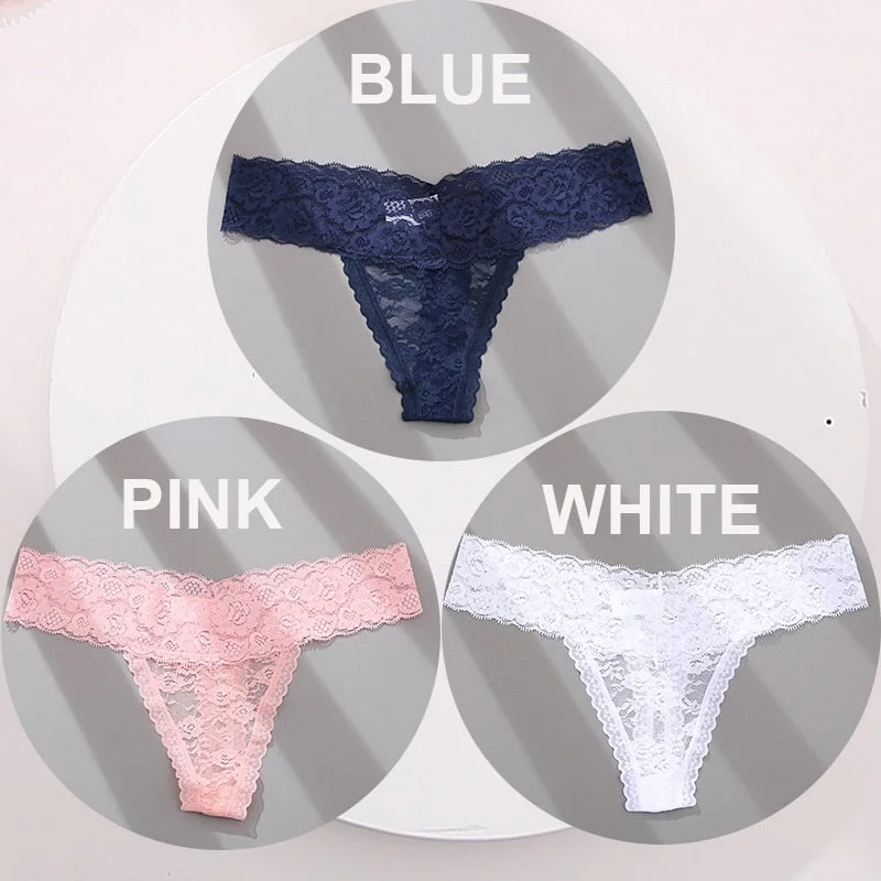 FINETOO 3PCS/Set M-XL G-string Thong Panties for Woman Sexy Lace Floral Underwear Transparent Women's Underpants Female Lingerie