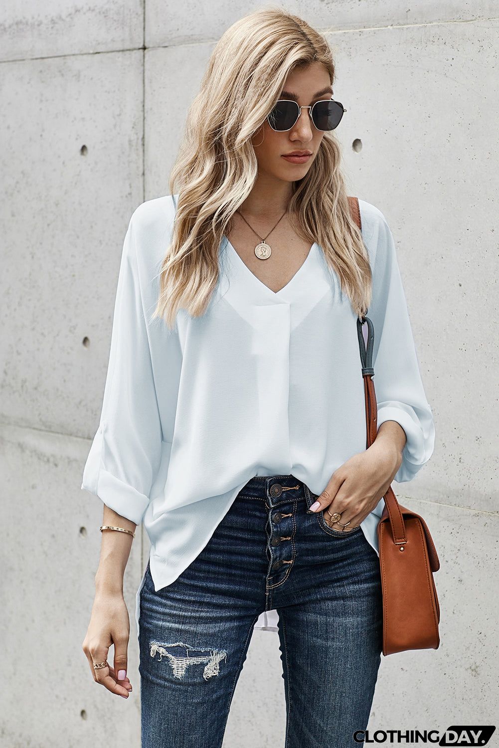 Elegant White V Neck 3/4 Sleeve High Low Hem Shirt