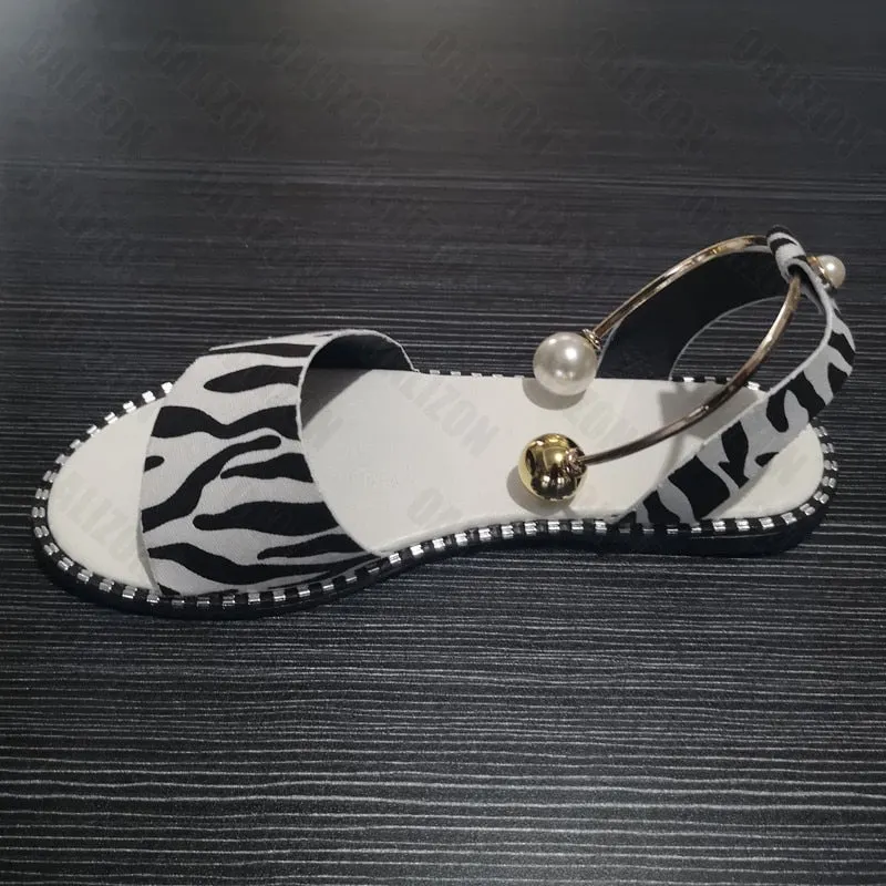 New Leopard Print Summer Women Metal Beaded Sandal Slippers Shoes Women Lady Flats Flip Flop Casual Flat Slingback Sandals Shoes