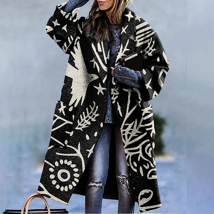 Comstylish Fashion Printed Loose Lapel Mid Length Woolen Coat