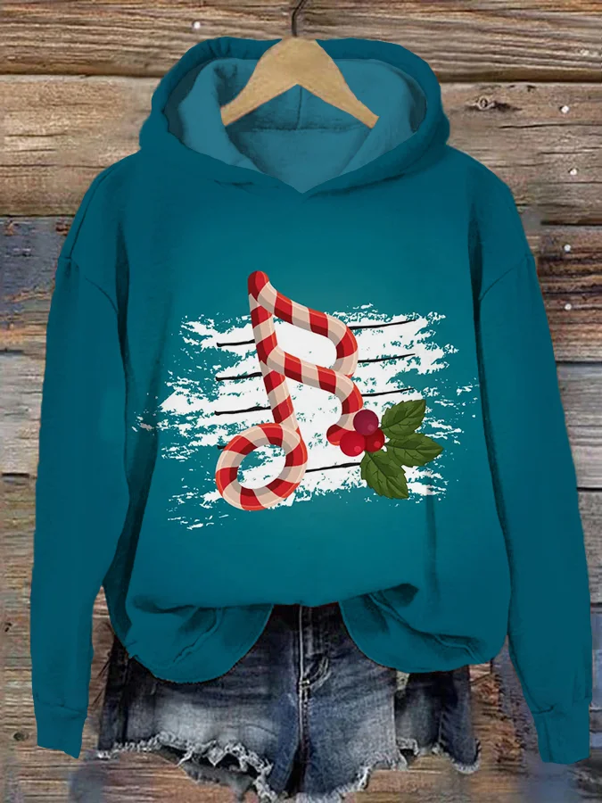 Comstylish Christmas Candy Music Notes Casual Cozy Hoodie