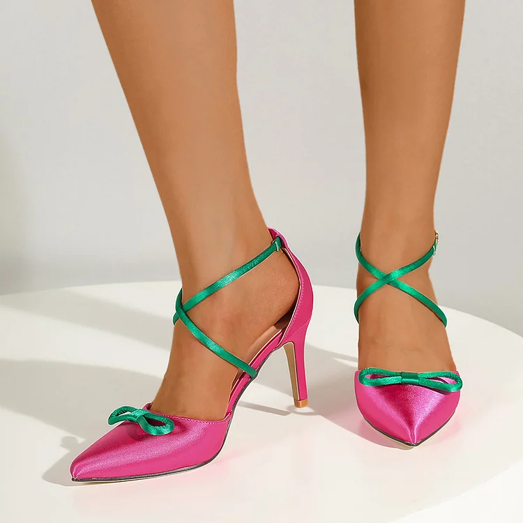 Hot Pink Satin Pointed Toe Stiletto Heels Ankle Strap Bow Pump Shoes |FSJ Shoes