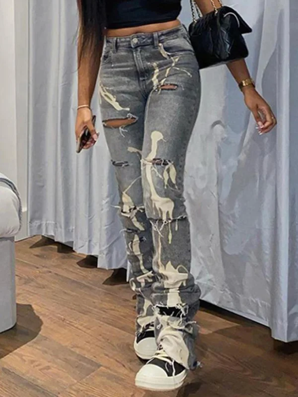 Women's casual fashion trend abstract irregular print ripped jeans Flusfy