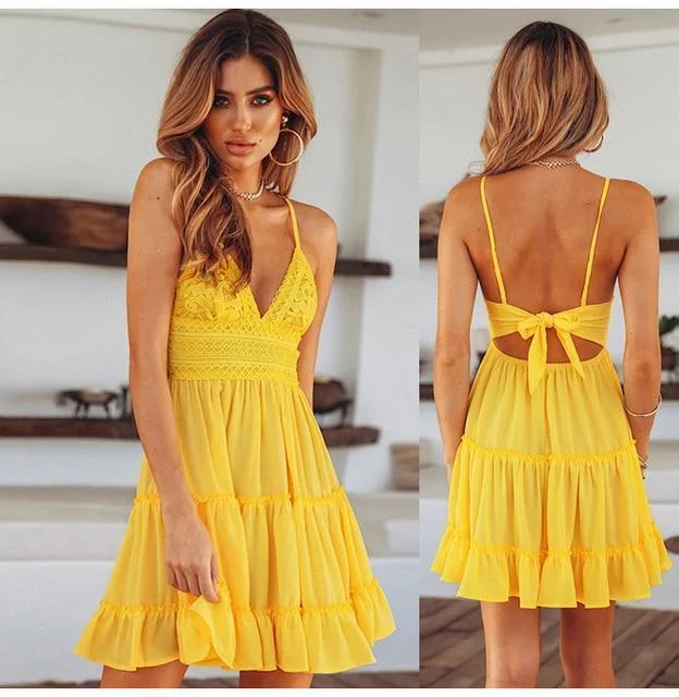 Women Lace Sexy Backless V-neck Beach Dresses Sleeveless Mini Sundress