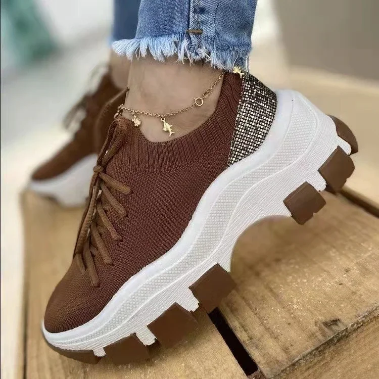 Churchf Women Shoes Vulcanize Shoes Solid Color Sneakers Female Lacing Knit Shoes Sequins Mesh Casual Shoes Large Size 35~43