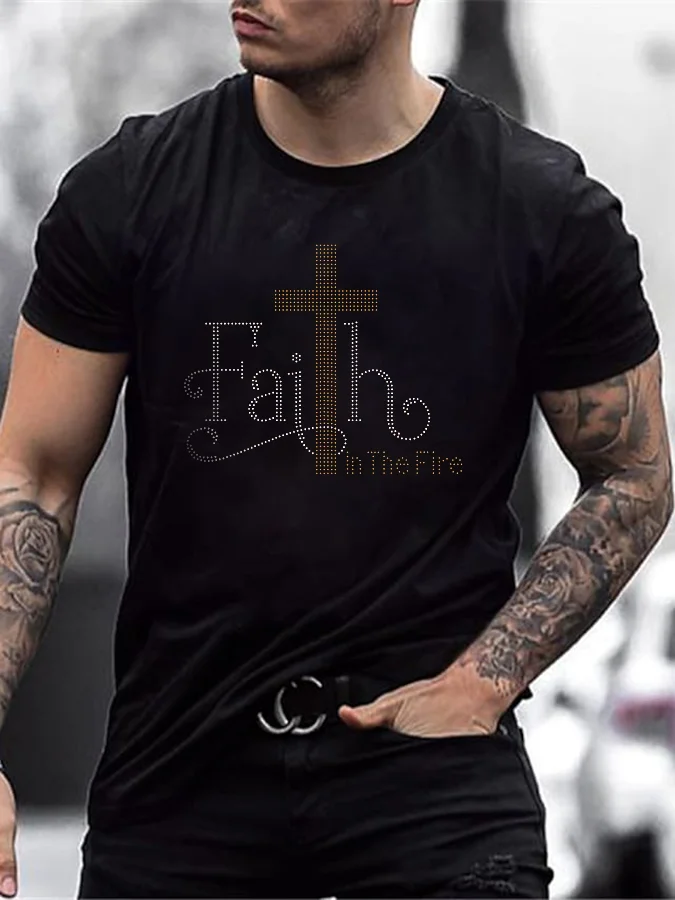 Fashion Letter Rhinestone Men's Round Neck Short Sleeve T-Shirt