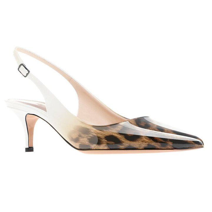 Women's Pointed Toe Slingback Shoes Kitten Heel Pumps Comfortable Dress Gradient White Leopard Shoes-vocosishoes