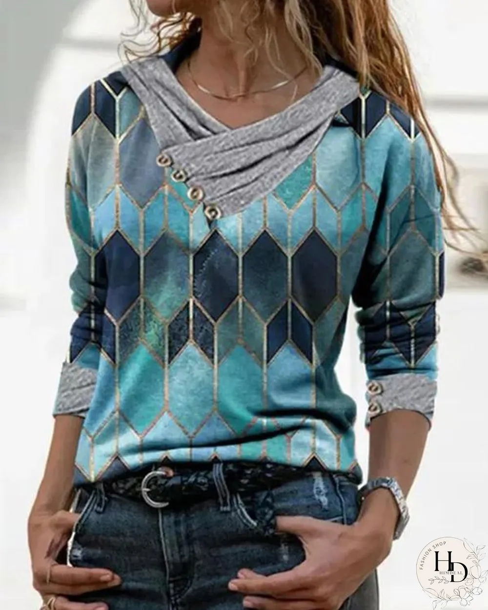 Color Block Casual Pleated V-Neckline Blouses