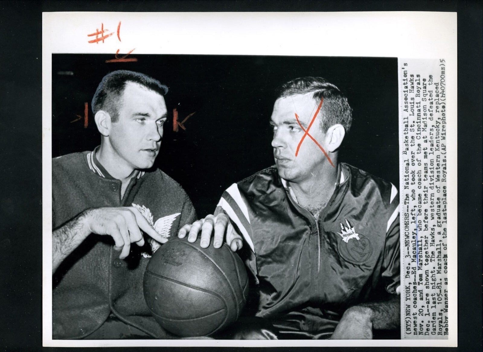 Ed Macauley Hawks & Tom Marshall Royals New NBA coaches 1958 Press Wire Photo Poster painting