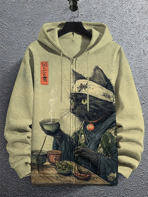 Men's Cat Drinking Tea Japanese Tea Ceremony Art Print Hooded Zip Up Jacket