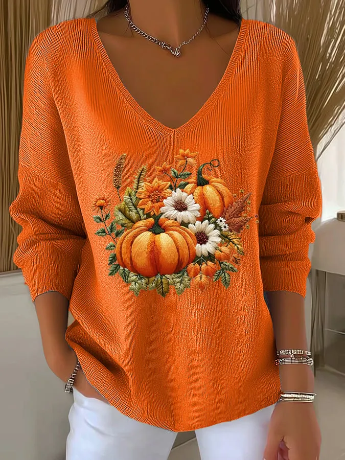Women's Casual Autumn Pumpkin Striped Long Sleeve T-shirt 