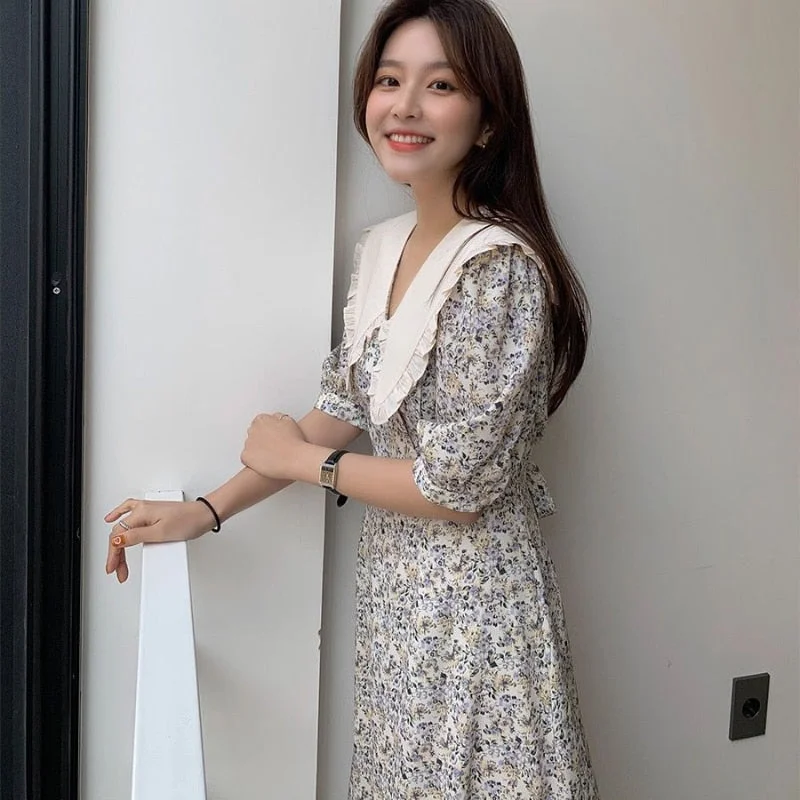 Dress Women Floral Edible Tree Fungus Summer Fashion Vintage Peter Pan Collar Short Sleeve Female Harajuku Preppy Style Elegant