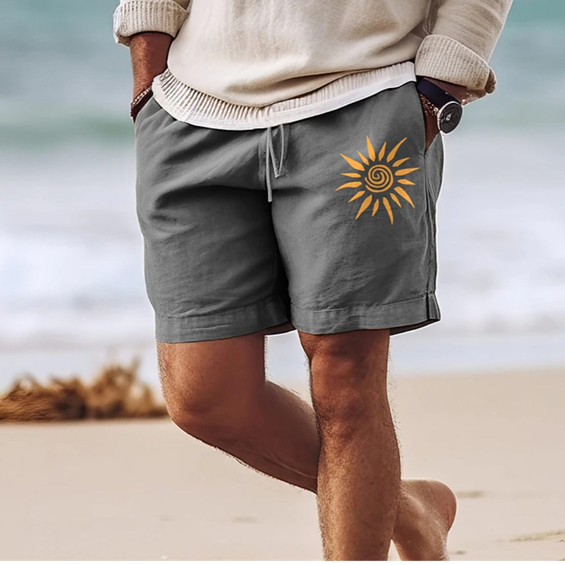 Men's Striped Drawstring Elastic Waist Cotton and Linen Beach Casual Shorts