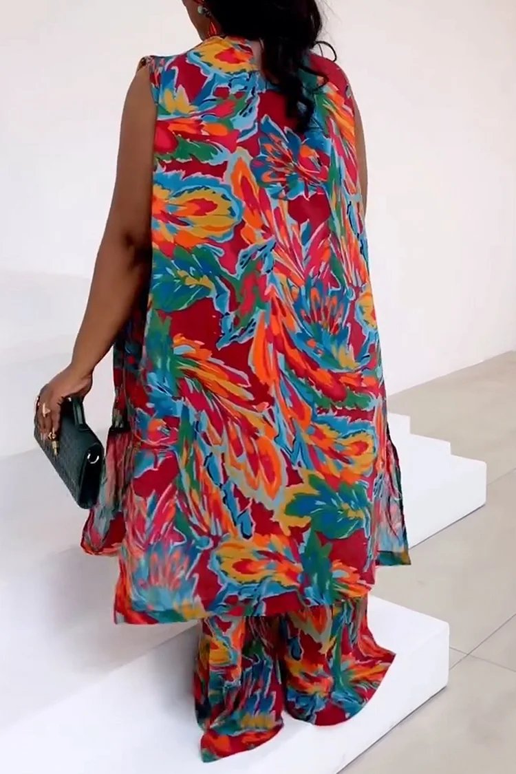 Plus Size Daily Multicolor All Over Print Round Neck Split Casual Wide Leg Two Piece Pant Sets [Pre-Order]