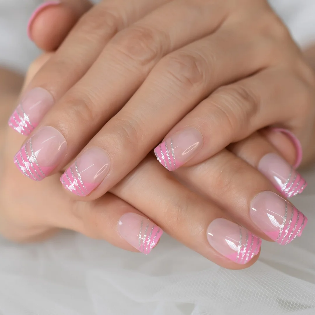 Pink French Nail Silver Glitter Wind Style Shimmer Decorative Artificial False Nails Short Round Shape Manicure Tips 24-Nail Inspo