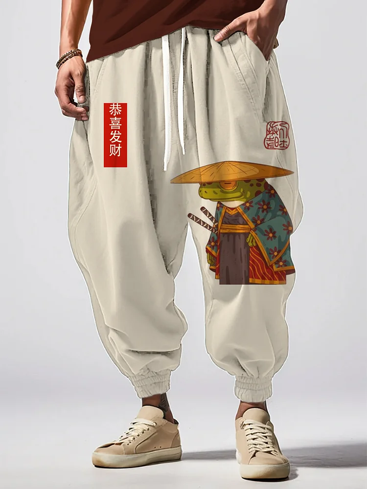 Men's Japanese Art Kimono Frog Graphic Print Loose Drawstring Waist Sweatpants