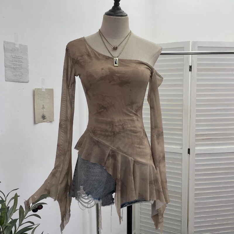 Uveng Tie Tie Net Yarn Oblique Shoulder Babes Sexy Body-On-Sleeve Horn Irregular Top 9955