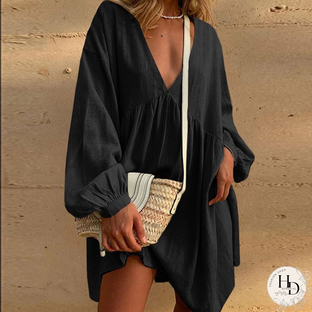 Womens Spring & Autumn Long Dress Tunic Lantern Sleeve Necklace Cotton Linen Casual Loose