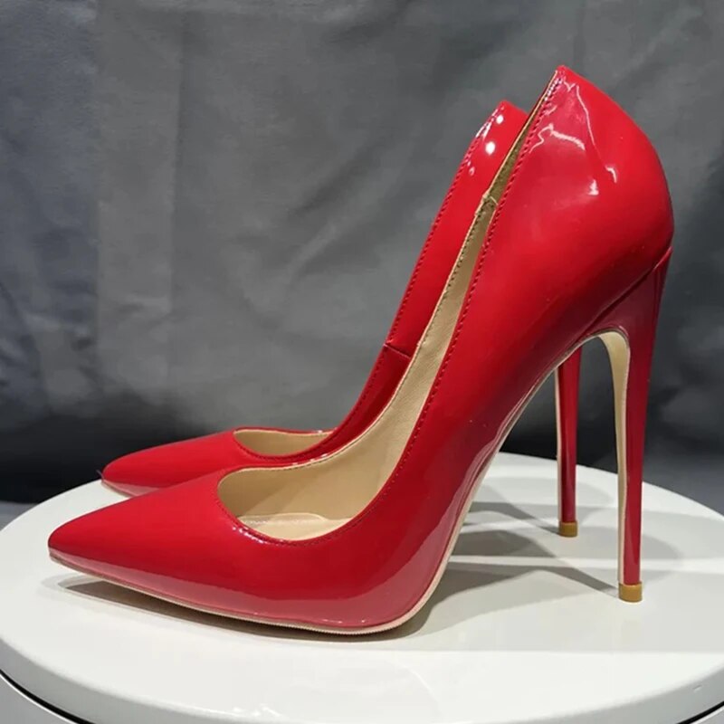 VCshoes 10 12cm Red Woman High Heels Patent Leather Pointed Toe Shallow Stilettos Pumps Wedding Party Bridemaids Dress Shoes