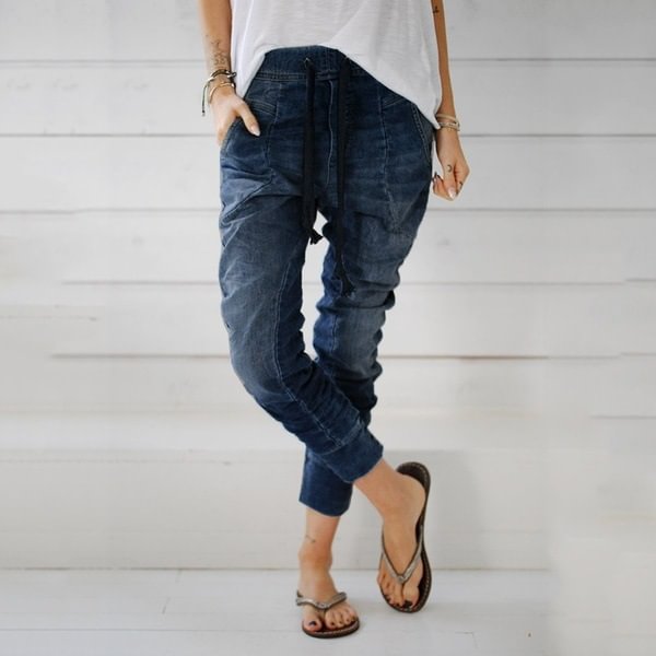 Women's Denim Trousers Ankle Banded Lace-up Pants Jeans