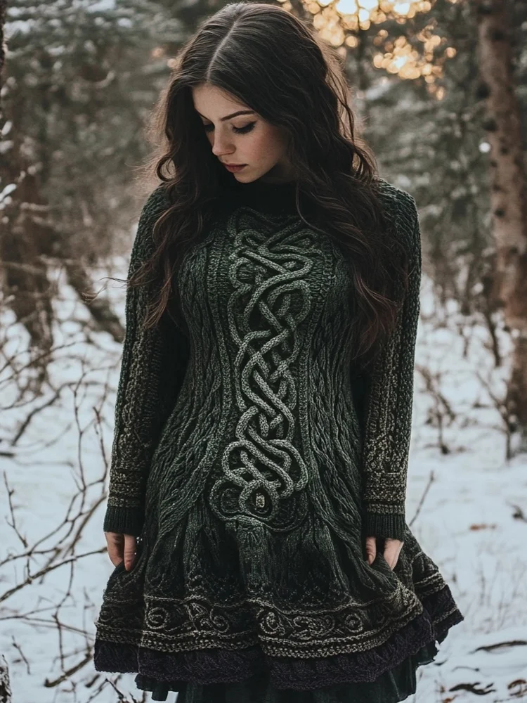 VChics Viking Mystical Celtic Knot Cozy Knit Flare Sweater Dress