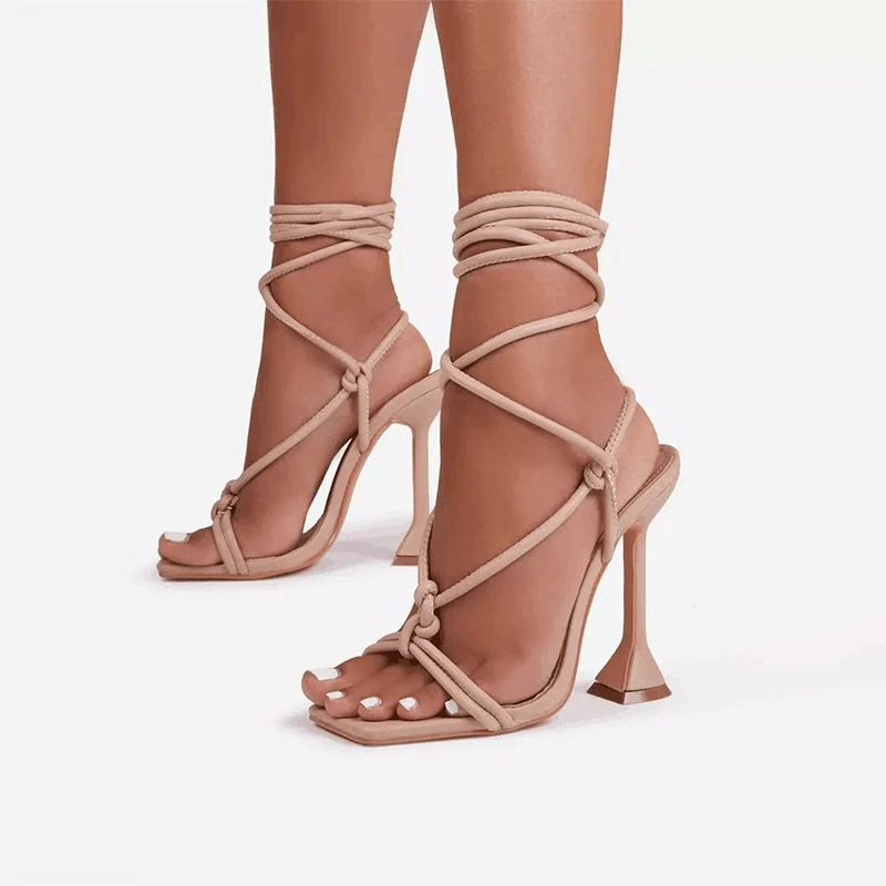 Women Sandals Sexy Summer Shoes Gladiator Clip Toe High Heels Bandage Buckle Strap Pumps Squre Toe Ladies Party Fashion Stiletto