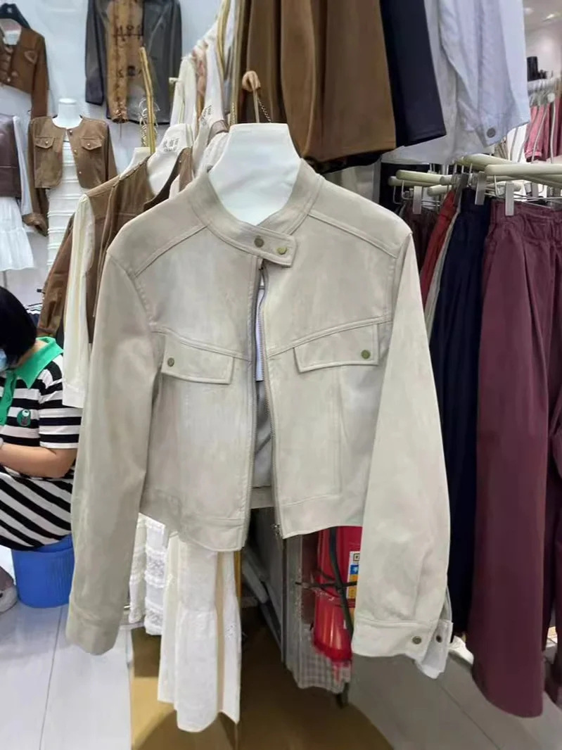 Woherb Retro Standing Collar Leather Velvet Early Autumn Coat Female Short Style Fashion Loose Casual Motorcycle Suit Small Jacket Jacket-Outfit Ideas