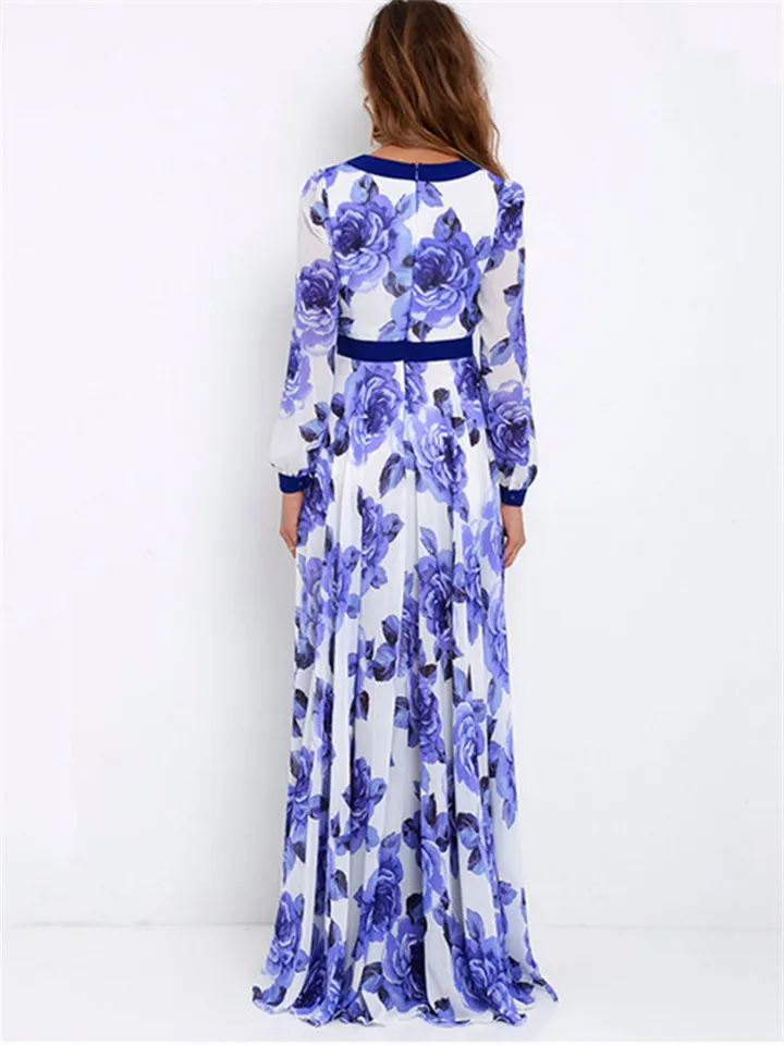Blue and White Porcelain V-neck Print Big Swing Dress Long Skirt
