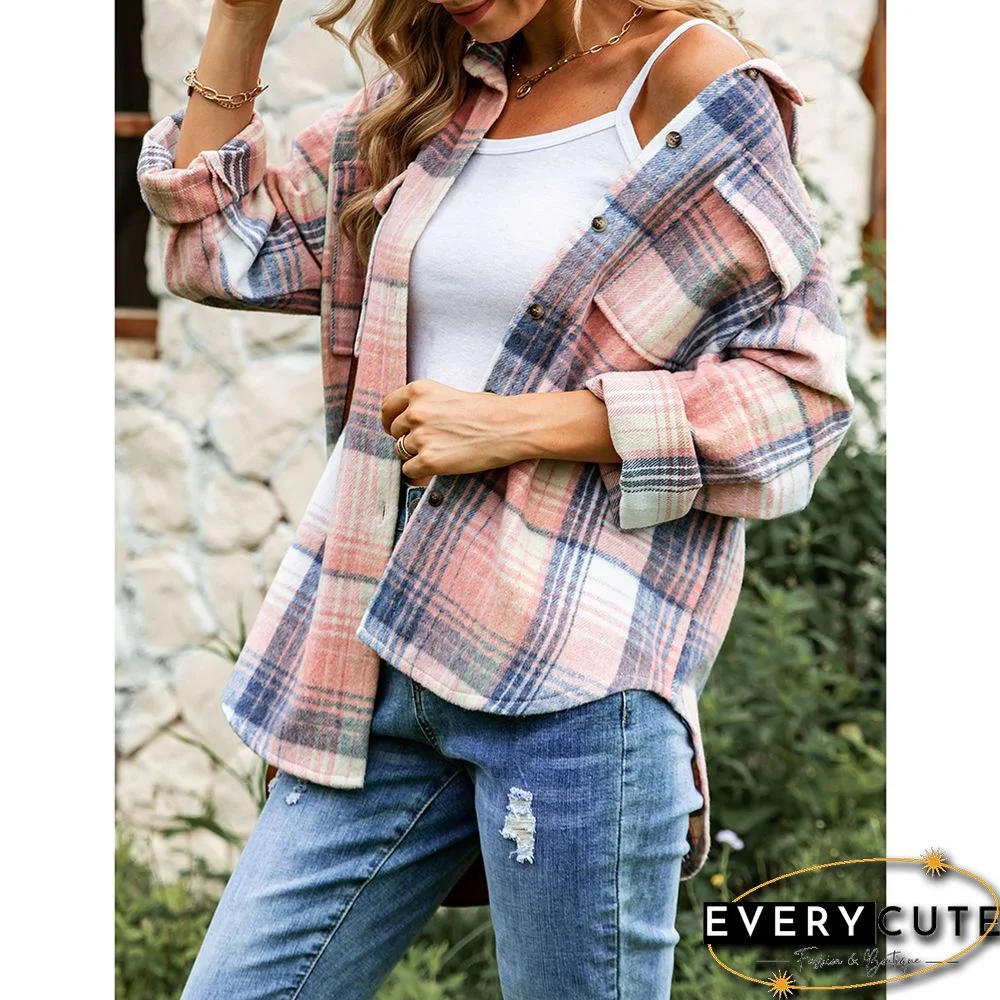 Pink Plaid Print Button Shacket with Pocket