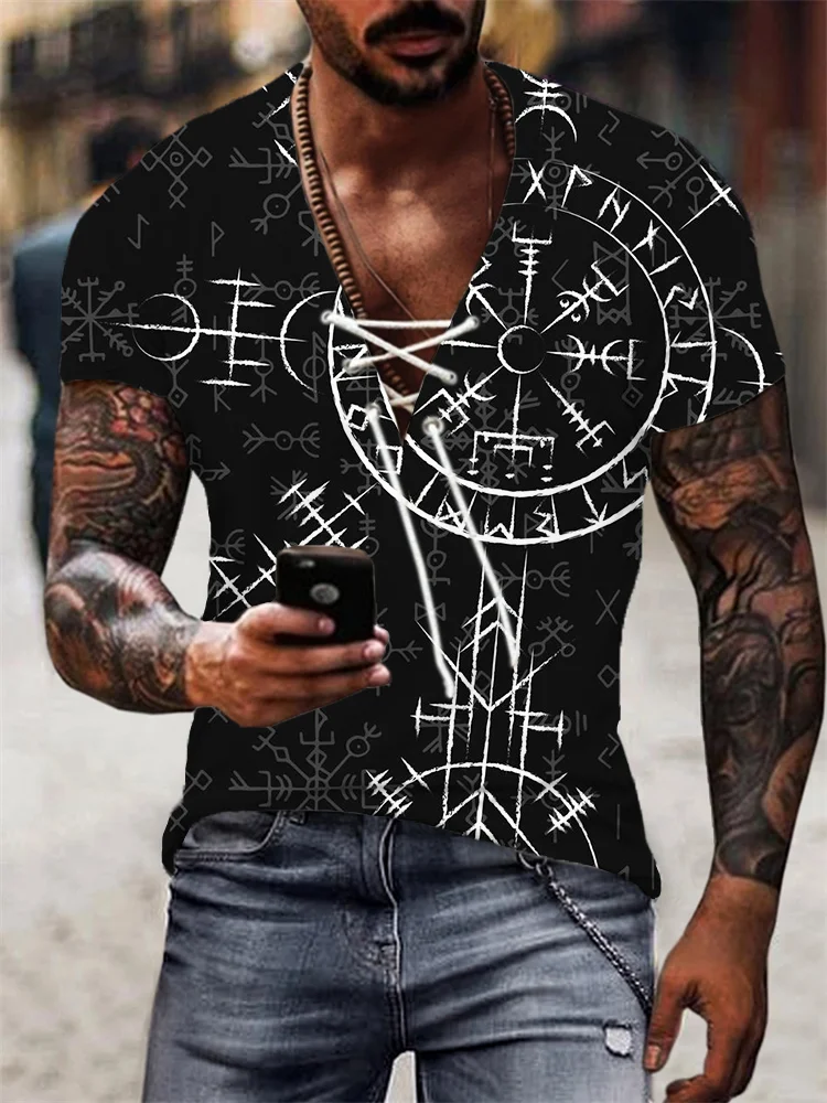 BrosWear Men's Viking Compass Vegvisir Lace Up Comfy T Shirt