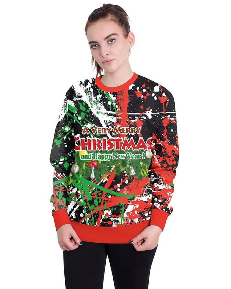Mayoulove Funny Design Christmas Graffiti Printed Black Red Pullover Sweatshirt-Mayoulove
