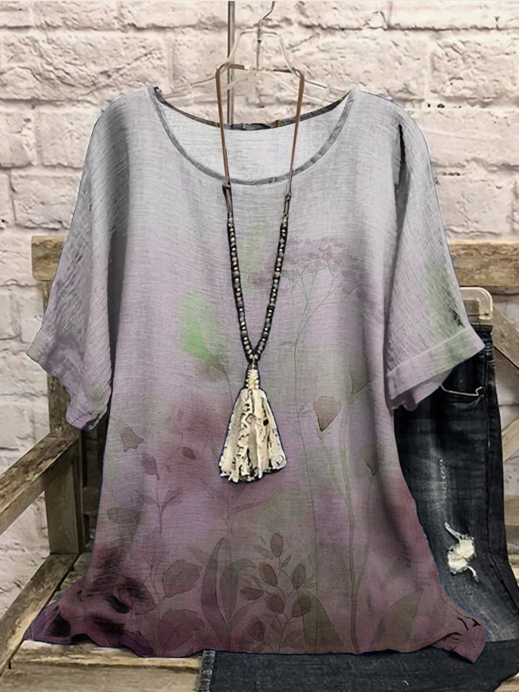 Women Half Sleeve Scoop Neck Floral Printed Colorblock Purple Women Tops
