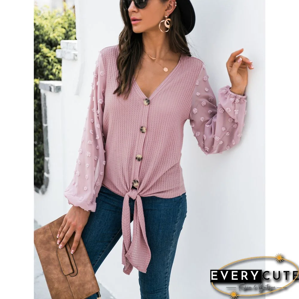 Pink Waffle Splice Swiss Dot Long Sleeve Blouse