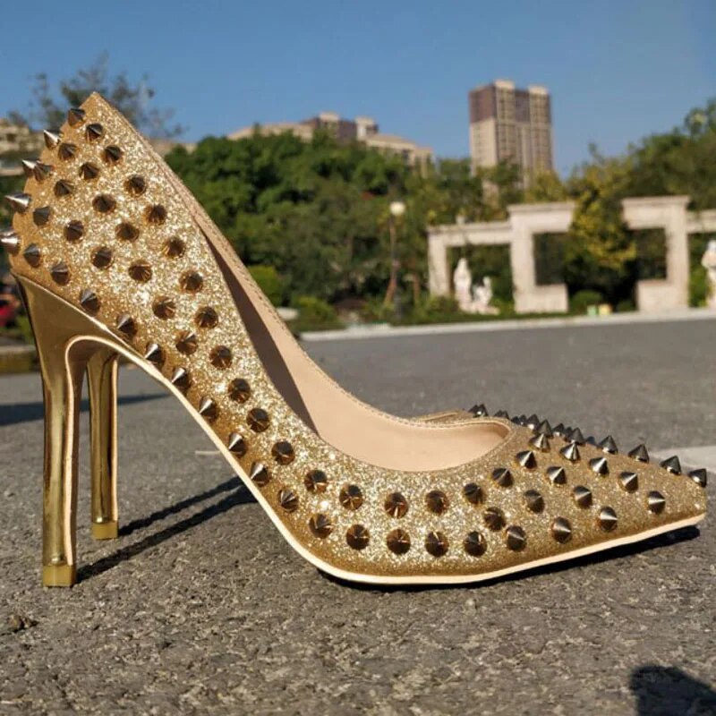 VCSHOES Bling Bling Ladies Metal Rivets Studs Pumps Stilettos Pointed Toe Golden Silver Sequined Spikes High Heels Wedding Shoes