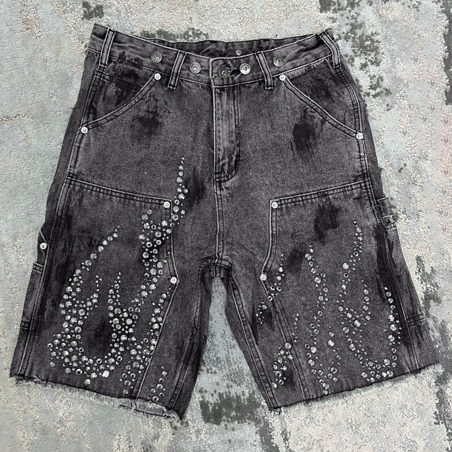 Hiphop Street Flame Rhinestone Five-point Denim Shorts