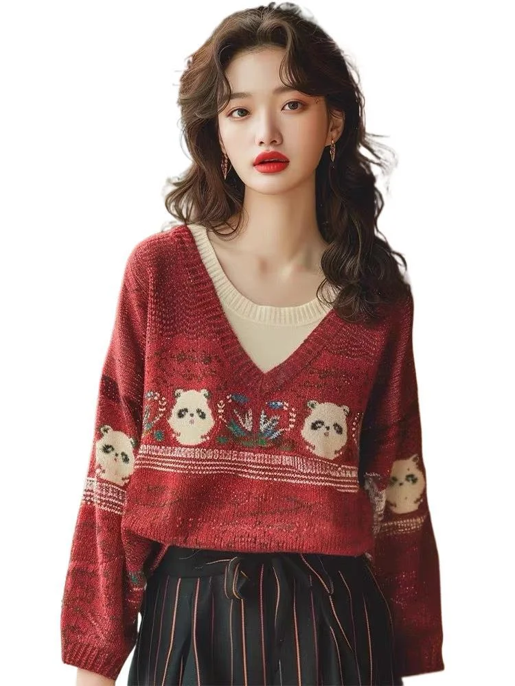 Athvotar Athvotar Cartoon Embroidery V-Neck Knitted Sweater Women's Autumn And Winter Lazy Wind Loose Leisure Holiday Two Age Reduction Top
