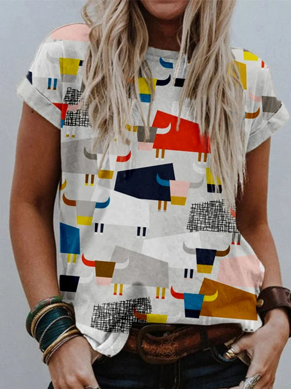 Colorful Oxen Pattern Crew Neck Comfy T Shirt